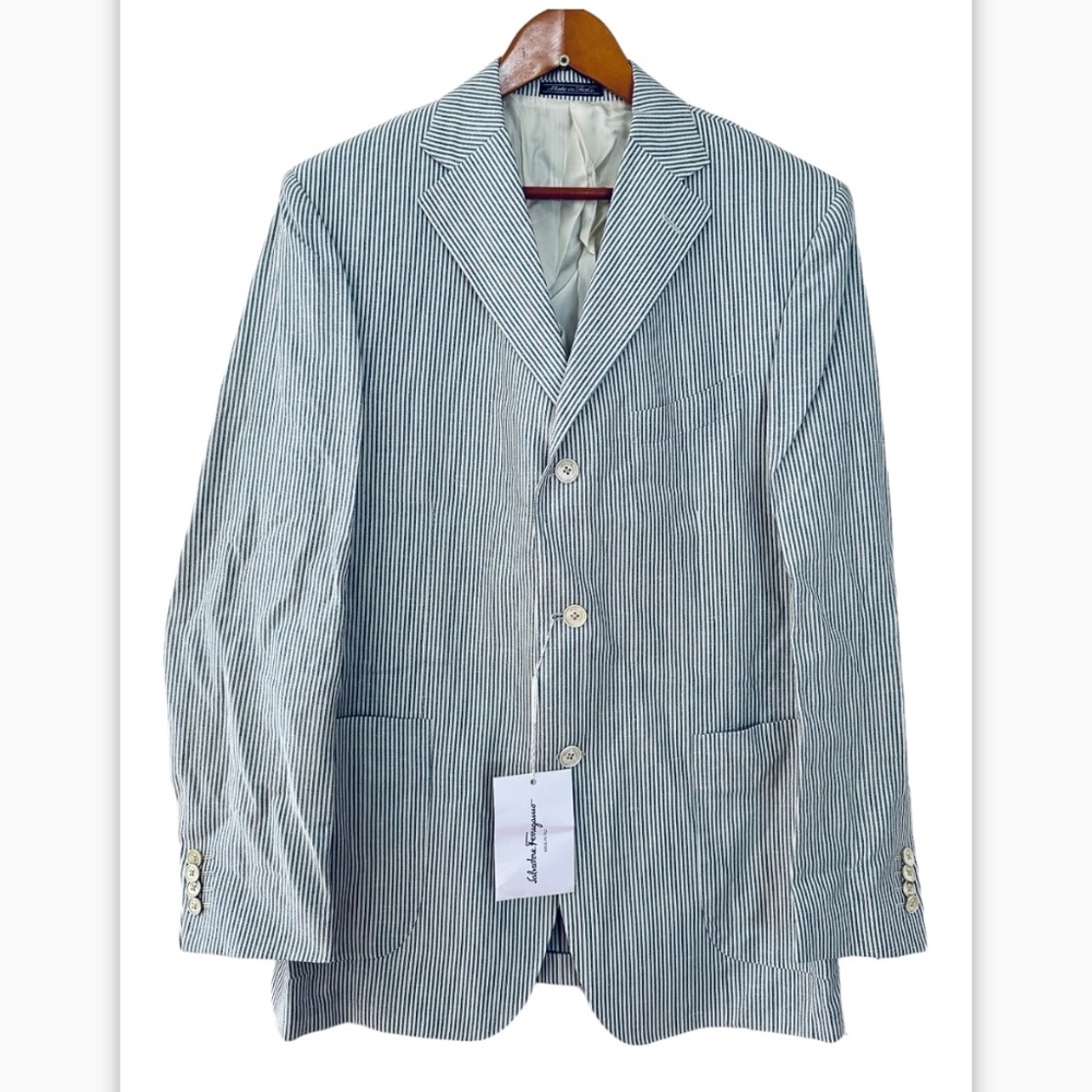 Authentic beige blue suit by Salvatore Ferragamo. Pinstripe detail size 547R